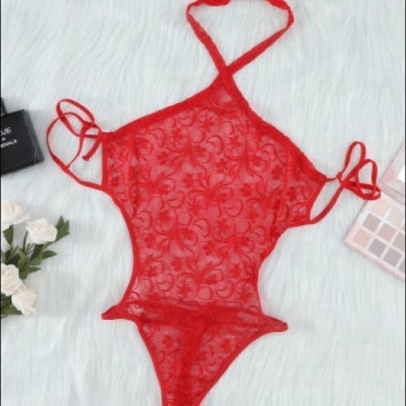 Red Halter Neck Lace Sexy Teddy - Picture 13 of 13